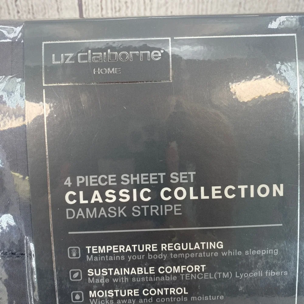 Liz Claiborne Sheet Set Full Techno Gray Damask Stripe Deep Pocket Minimalist